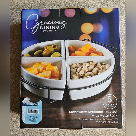 Gibson Gracious Dining Stoneware 4-Section Tray Set White‎ Metal Rack NIB - Picture 4 of 7